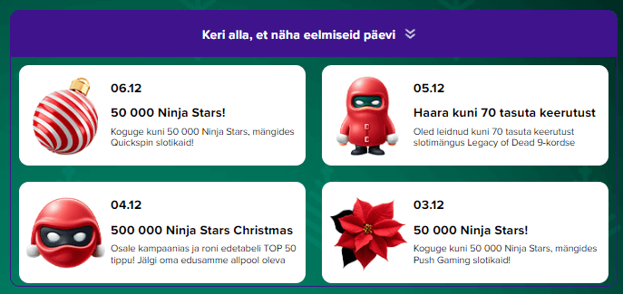 ninja kasiino jõulukalender 2023 boonused