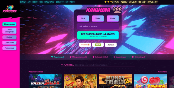 kanuuna kasiino website screen